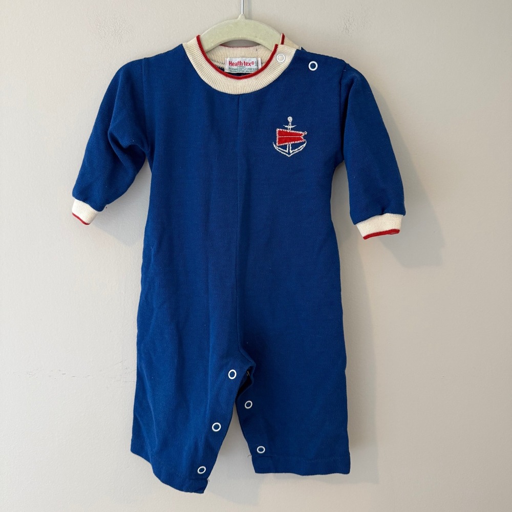 Vintage Health-tex Stantogs Blue Nautical Anchor Knit Romper 12 Months